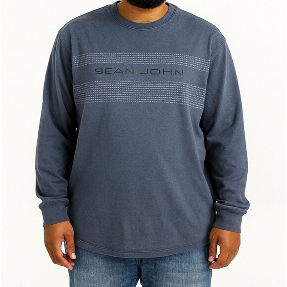 Y2k Sean John L/S Stripe Embroidered Logo Blue Sweatshirt XXL Streetwear Casual - Picture 1 of 6